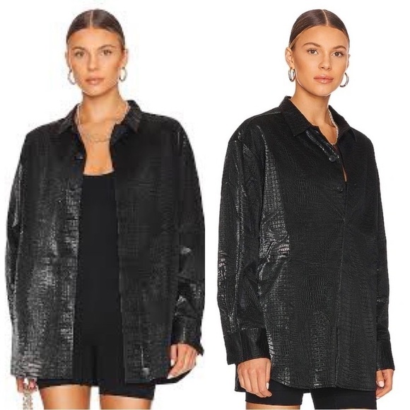 FAVORITE DAUGHTER Brady Faux Leather Croc Embossed Black Shirt Jacket Sz S - Picture 1 of 7